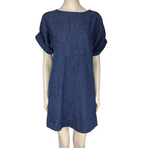 COS Denim Looking Contemporary Blue Hemp+Cotton Short Sleeve Shift Mini Dress - Picture 3 of 11